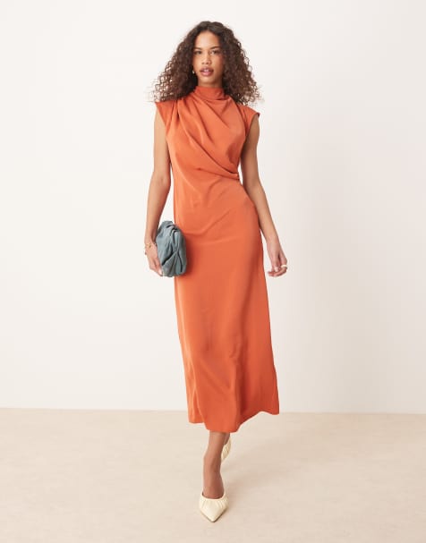 ASOS DESIGN - Hoogsluitende mouwloze midi-jurk met gedrapeerde halslijn in roestbruin - view 1
