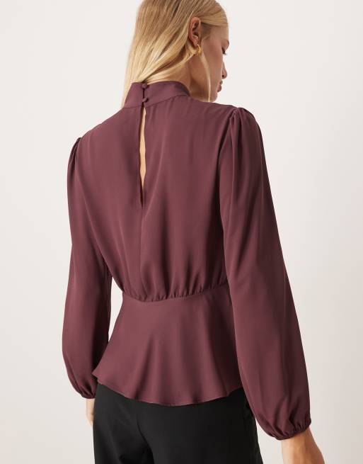ASOS DESIGN - Hoogsluitende peplum blouse met lange mouwen in pruimkleur, 4 van 4