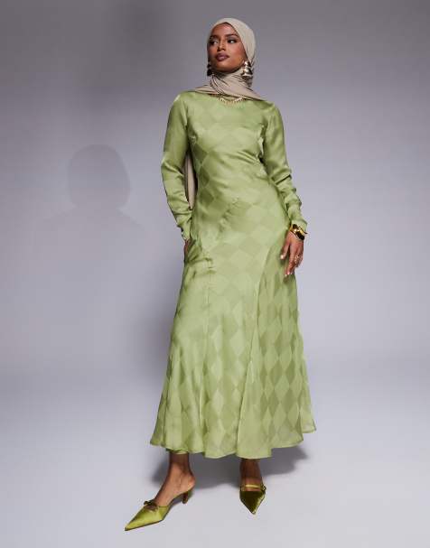 ASOS DESIGN - Hoogsluitende satijnen maxi jurk met dambordpatroon in saliegroen - view 1