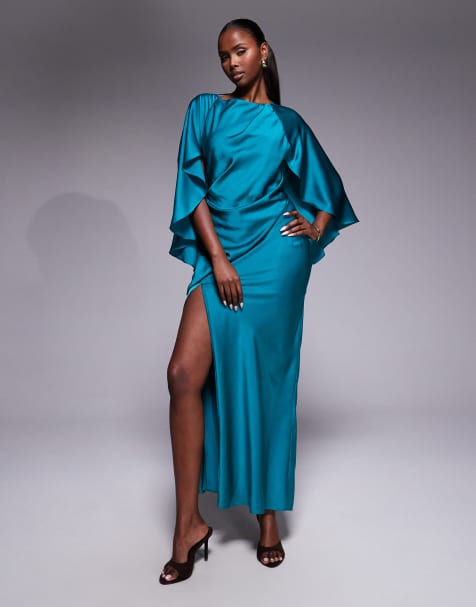 ASOS DESIGN - Hoogsluitende satijnen maxi-jurk met drapering, open achterkant, wijde mouwen en hoge split in groenblauw - view 1