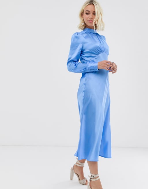 ASOS DESIGN - Hoogsluitende satijnen midi-jurk in blauw | ASOS