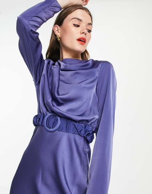 ASOS DESIGN - Hoogsluitende satijnen midi-jurk met lange mouwen en scrunchie riemdetail, 3 van 4