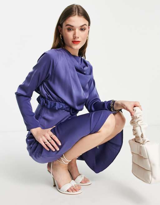 ASOS DESIGN - Hoogsluitende satijnen midi-jurk met lange mouwen en scrunchie riemdetail, 4 van 4