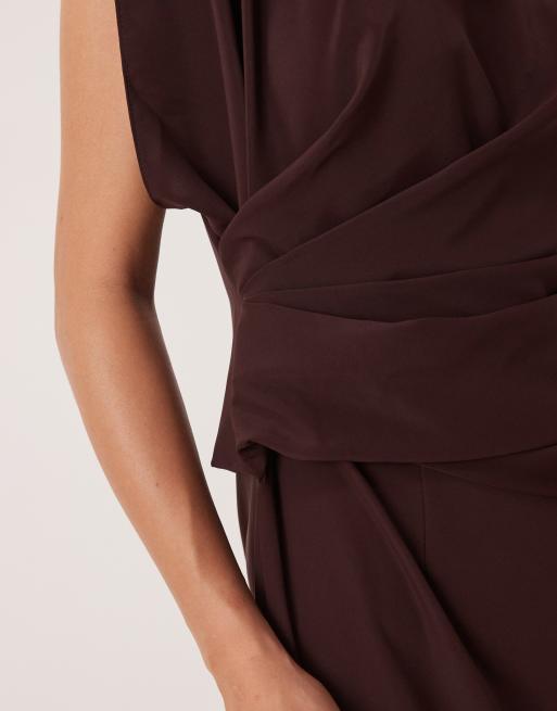 ASOS DESIGN - Hoogsluitende soepelvallende midi jurk met plooien in chocoladebruin, 3 van 4