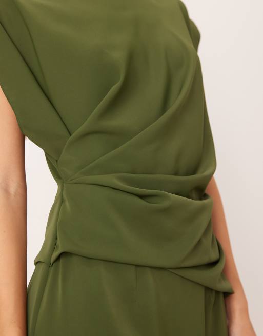ASOS DESIGN - Hoogsluitende soepelvallende midi jurk met plooien in olijfgroen, 3 van 4