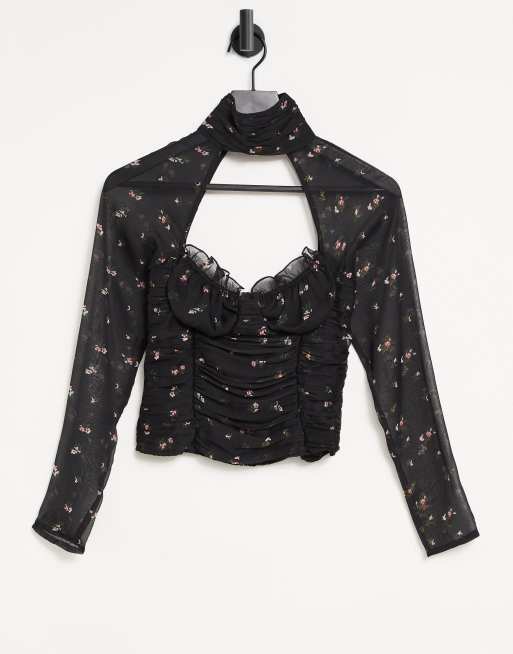 ASOS DESIGN - Hoogsluitende top met bloemenprint en uitsnijding aan de hals
