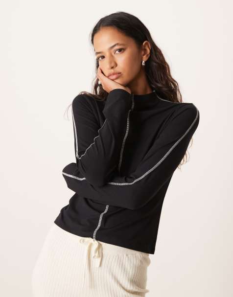 ASOS DESIGN - Hoogsluitende top met lange mouwen en contrasterende stiksels in grijs - view 1