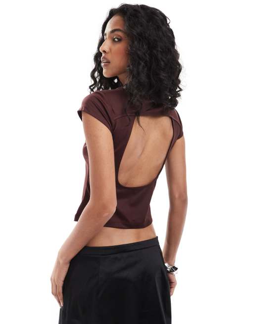 ASOS DESIGN - Hoogsluitende top met open achterkant in bruin, 3 van 4