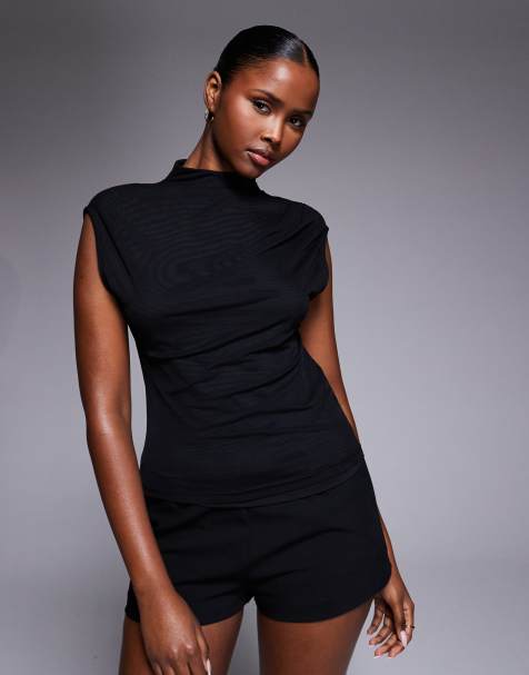 ASOS DESIGN - Hoogsluitende top van mesh met open gedrapeerde achterkant in zwart - view 1