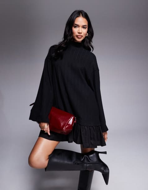ASOS DESIGN - Hoogsluitende trui-jurk met poplin mini rok in zwart - view 1