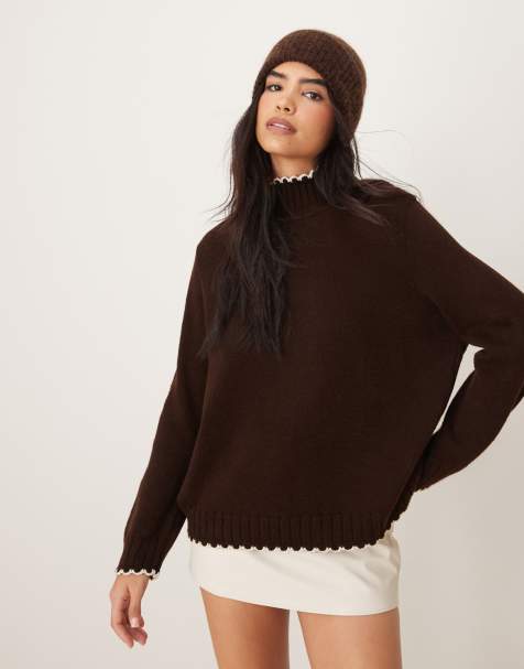 ASOS DESIGN - Hoogsluitende trui met festonsteek in chocoladebruin - view 1