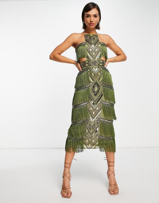 ASOS DESIGN - Hoogsluitende versierde kokerjurk met franjes in groen