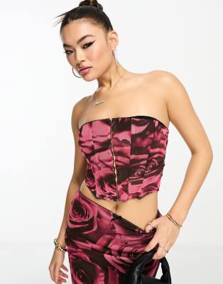 Asos Design Hook And Eye Corset Top In Rose Print - Part Of A Set-multi