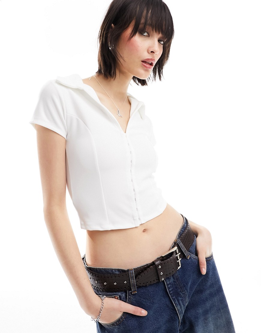 ASOS DESIGN hook and eye crop shirt with short sleeve and seam detail in white