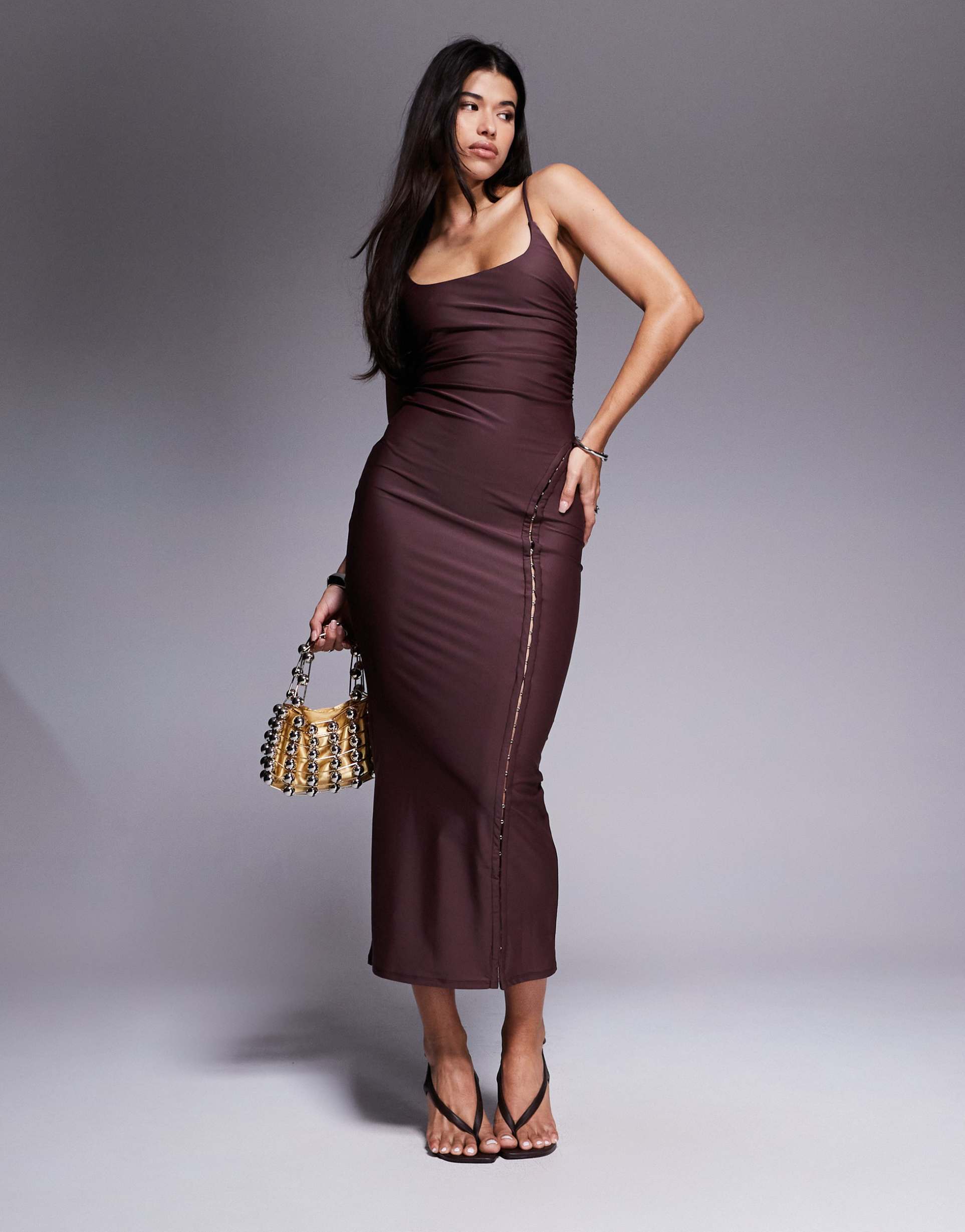 asos design hook & eye midi dress in chocolate brown