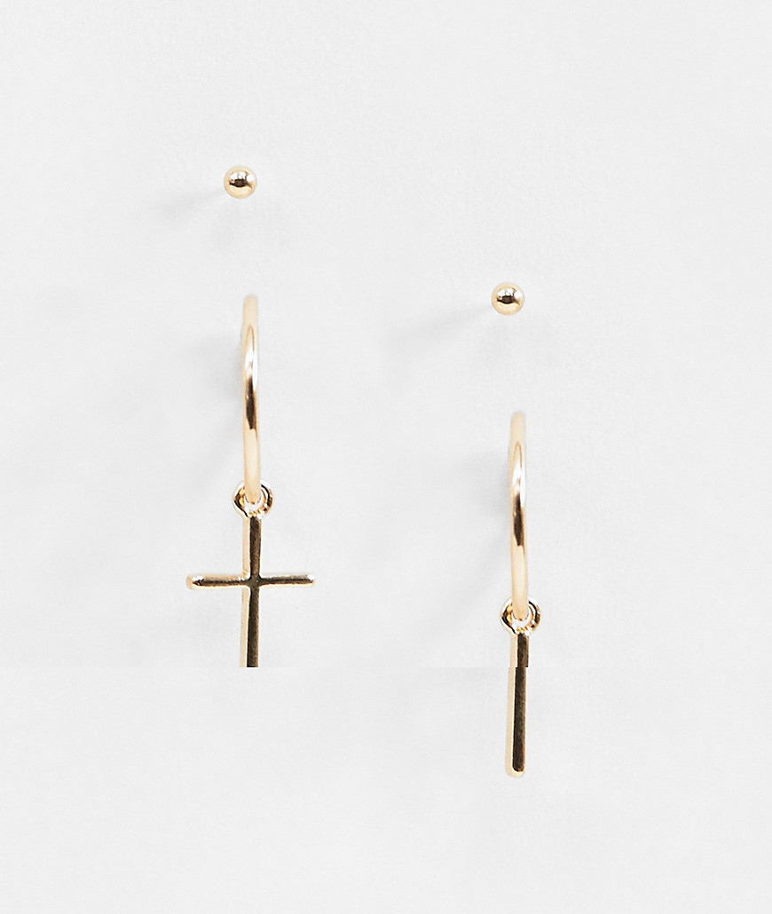 ASOS DESIGN hoop and stud earring pack with cross charms in gold tone