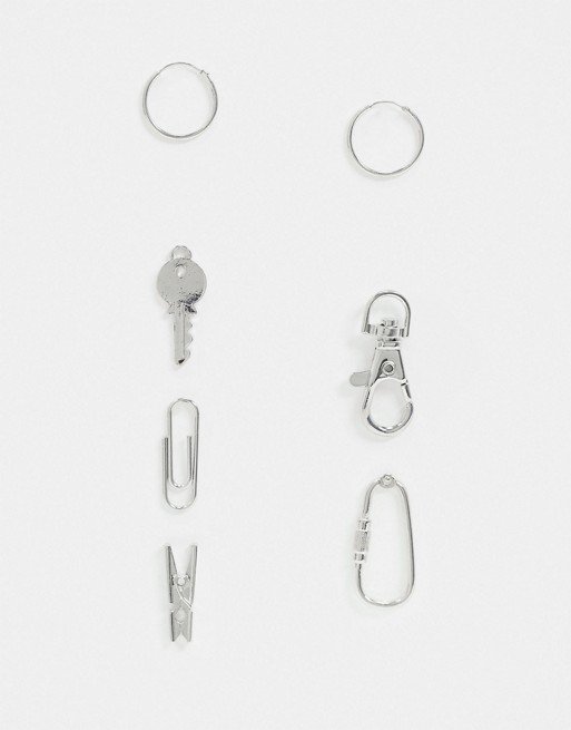 ASOS DESIGN hoop earring pack with mundane item charms in silver tone