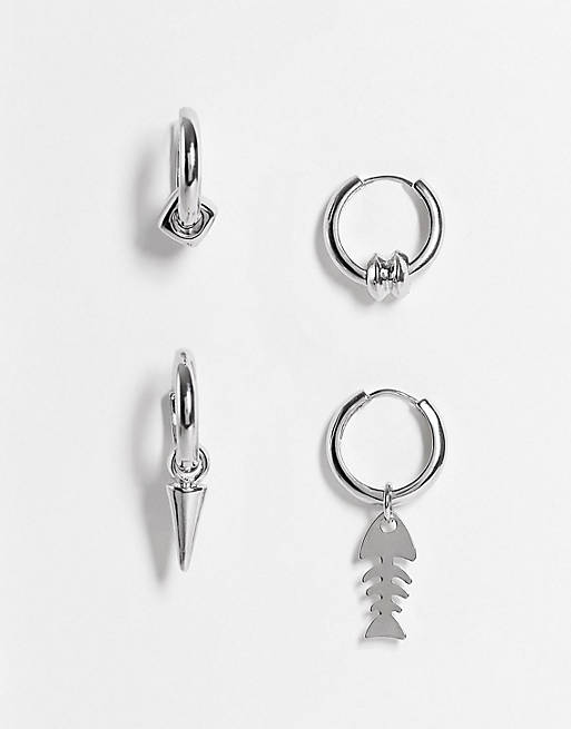 ASOS DESIGN hoop earring pack with utility design in silver tone