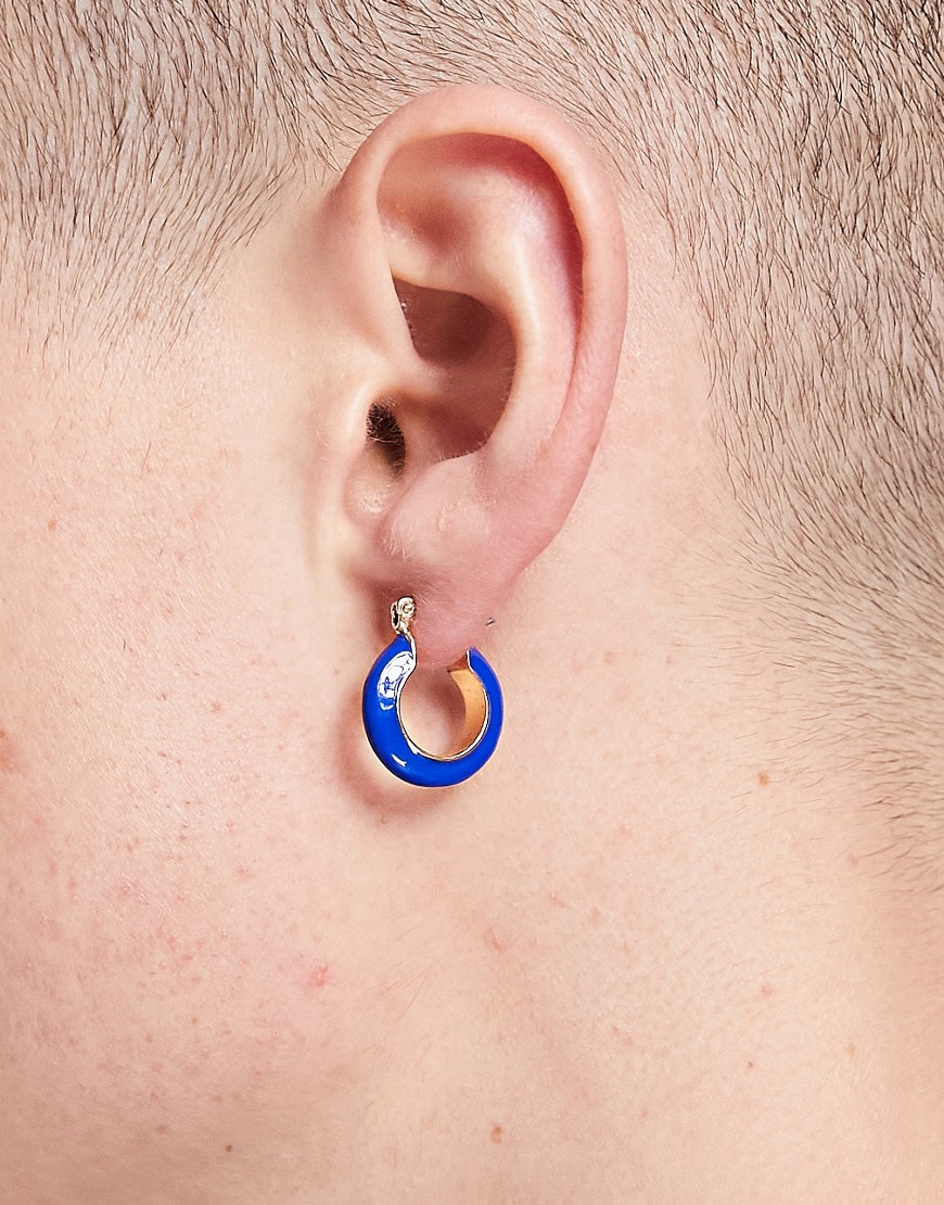 ASOS DESIGN hoop earring with blue enamel in gold tone
