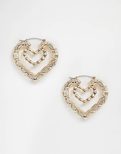 ASOS DESIGN hoop earrings in bamboo heart design in gold tone