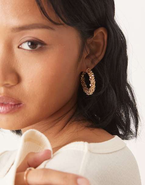ASOS DESIGN hoop earrings  in beaded design in gold tone - view 1
