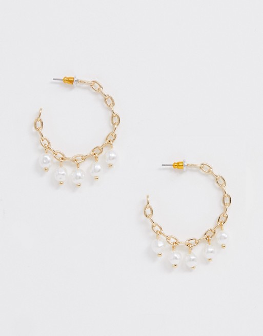ASOS DESIGN hoop earrings in chain design with pearl drops in gold