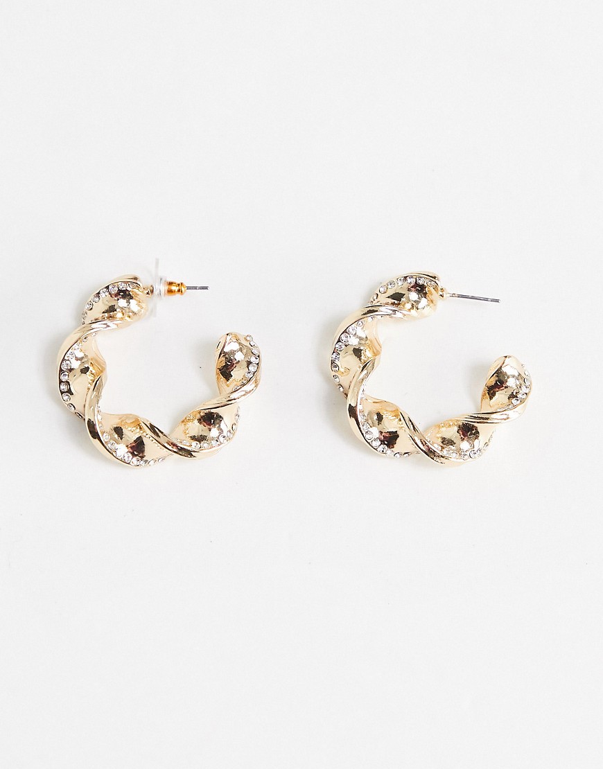 ASOS DESIGN hoop earrings in crystal twist design in gold tone