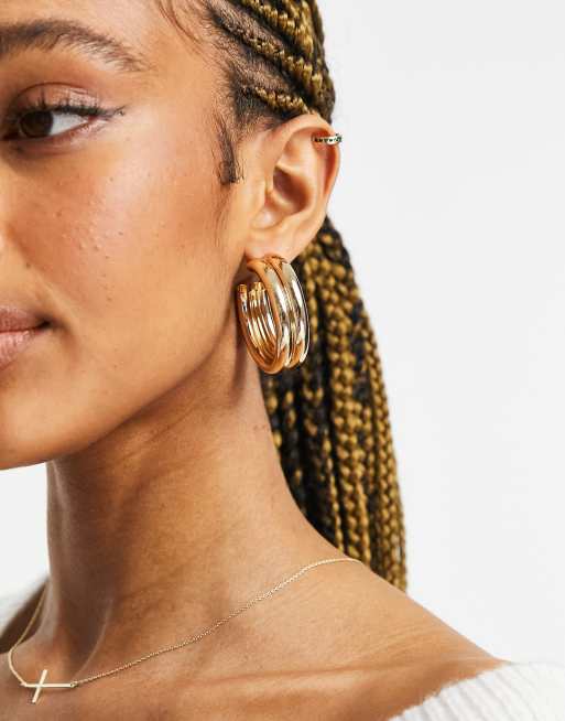 ASOS DESIGN hoop earrings in double row design in gold tone
