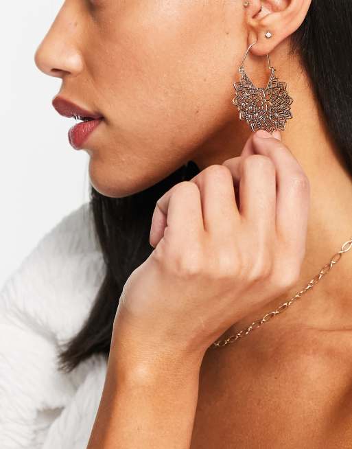 ASOS DESIGN hoop earrings in filigree design in gold tone