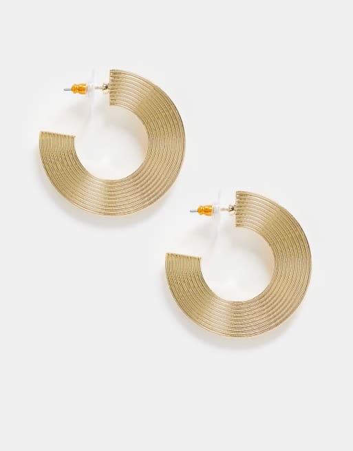 ASOS DESIGN hoop earrings in flat ribbed design in gold tone | ASOS