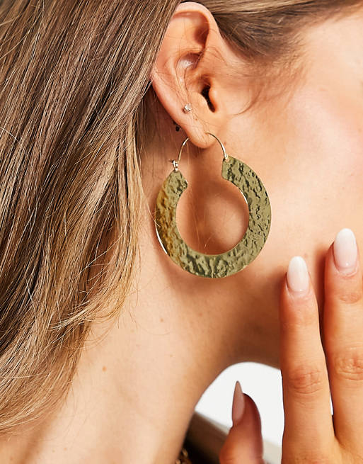 ASOS DESIGN hoop earrings in hammered flat edge design in gold tone