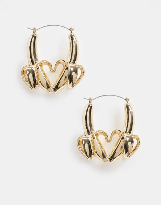 ASOS DESIGN hoop earrings in heart banana design in gold tone