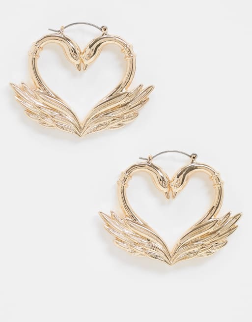 ASOS DESIGN hoop earrings in heart swan design in gold tone