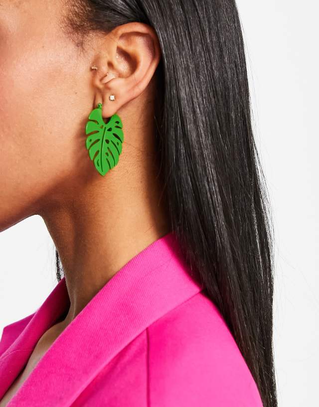 ASOS DESIGN hoop earrings in palm leaf design in green tone