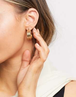 Asos Design Hoop Earrings In Triple Ribbed Design In Gold Tone In Gold