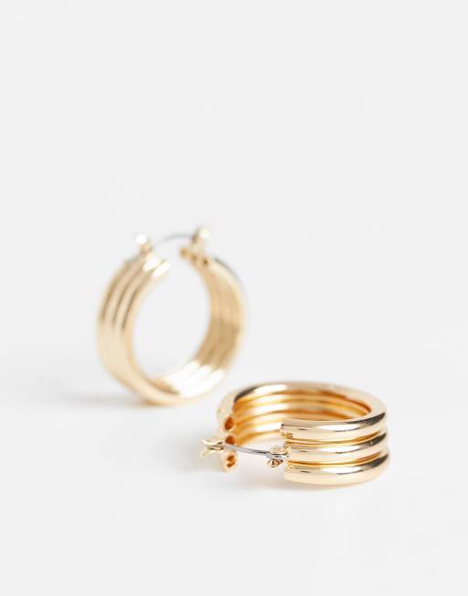 ASOS DESIGN hoop earrings in triple ribbed design in gold tone, 3 of 4