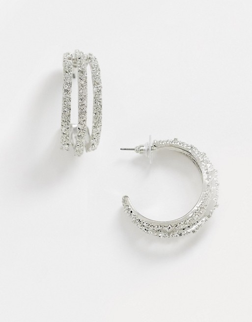 ASOS DESIGN hoop earrings in triple row texture in silver tone