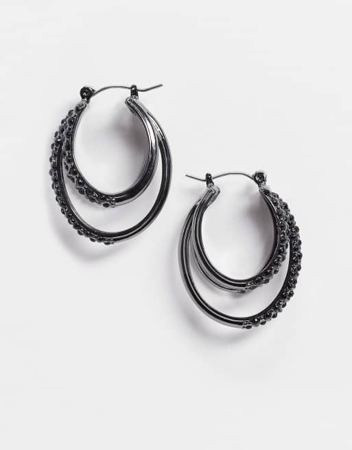 ASOS DESIGN hoop earrings in triple row with black crystals in gunmetal tone
