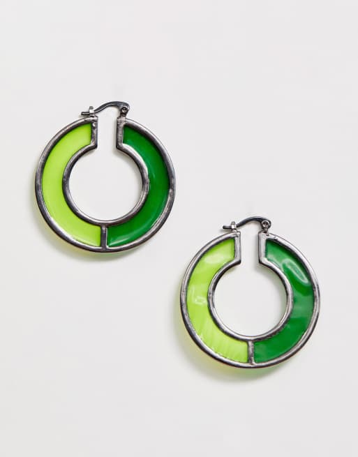 ASOS DESIGN hoop earrings in two tone green opaque resin