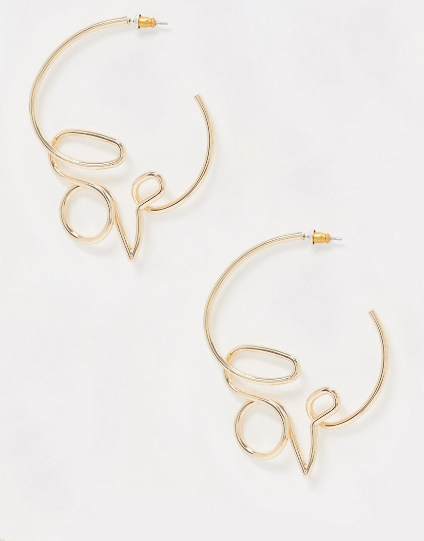 ASOS DESIGN hoop earrings in wire love design in gold tone