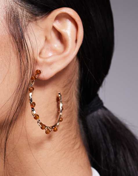 ASOS DESIGN hoop earrings with amber faux stone chippings in gold tone - view 1