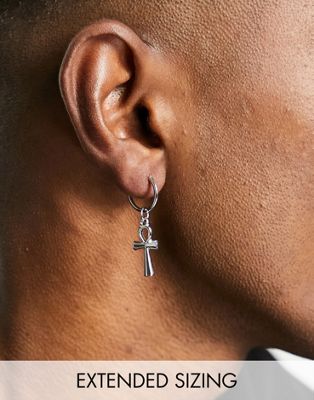 ASOS DESIGN hoop earrings with ankh in silver tone