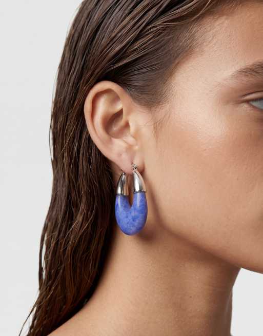 ASOS DESIGN hoop earrings with blue faux stone in silver tone, 3 of 5