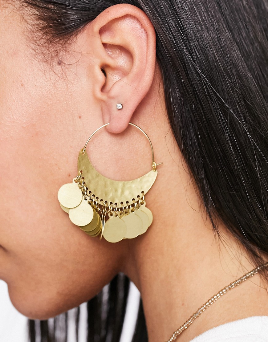 ASOS DESIGN hoop earrings with coin charms in gold tone