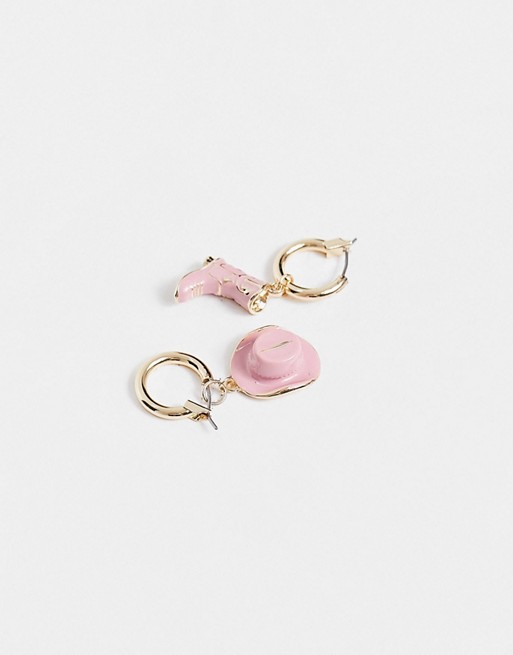 ASOS DESIGN hoop earrings with cowgirl hat and boot charms in gold tone