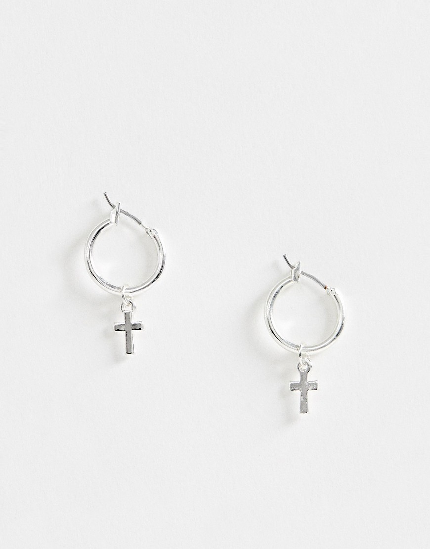 ASOS DESIGN hoop earrings with cross in silver tone