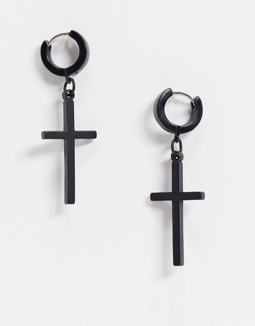 ASOS DESIGN hoop earrings with crosses in black
