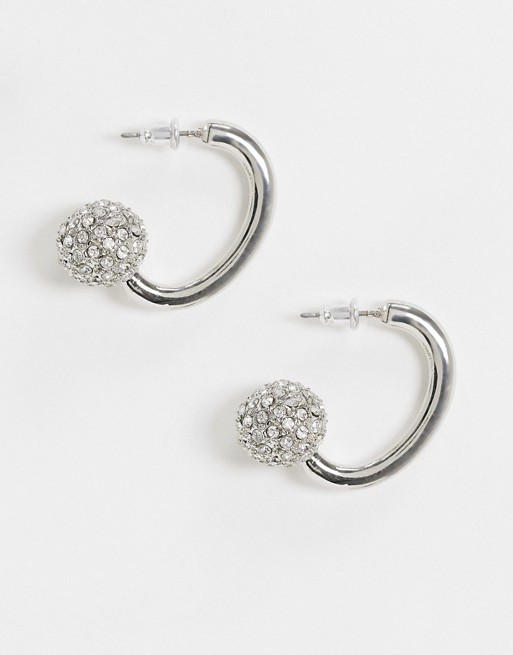 ASOS DESIGN hoop earrings with crystal ball end in silver tone