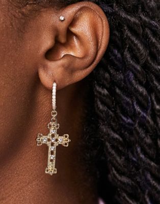 ASOS DESIGN hoop earrings with crystal cross charm in gold tone