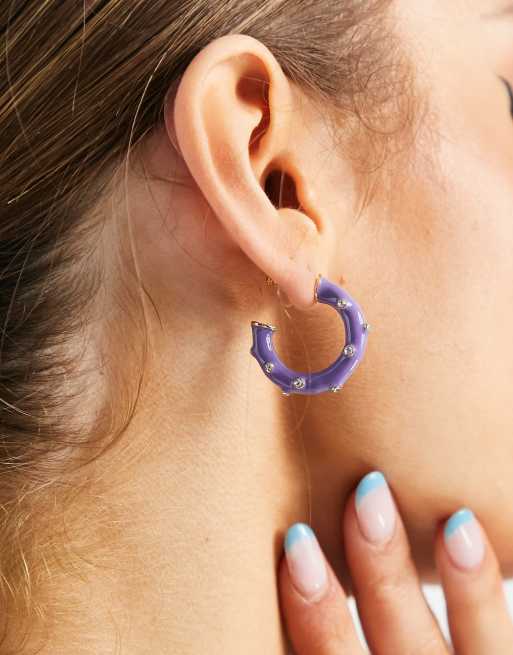 ASOS DESIGN hoop earrings with crystal dots in purple enamel